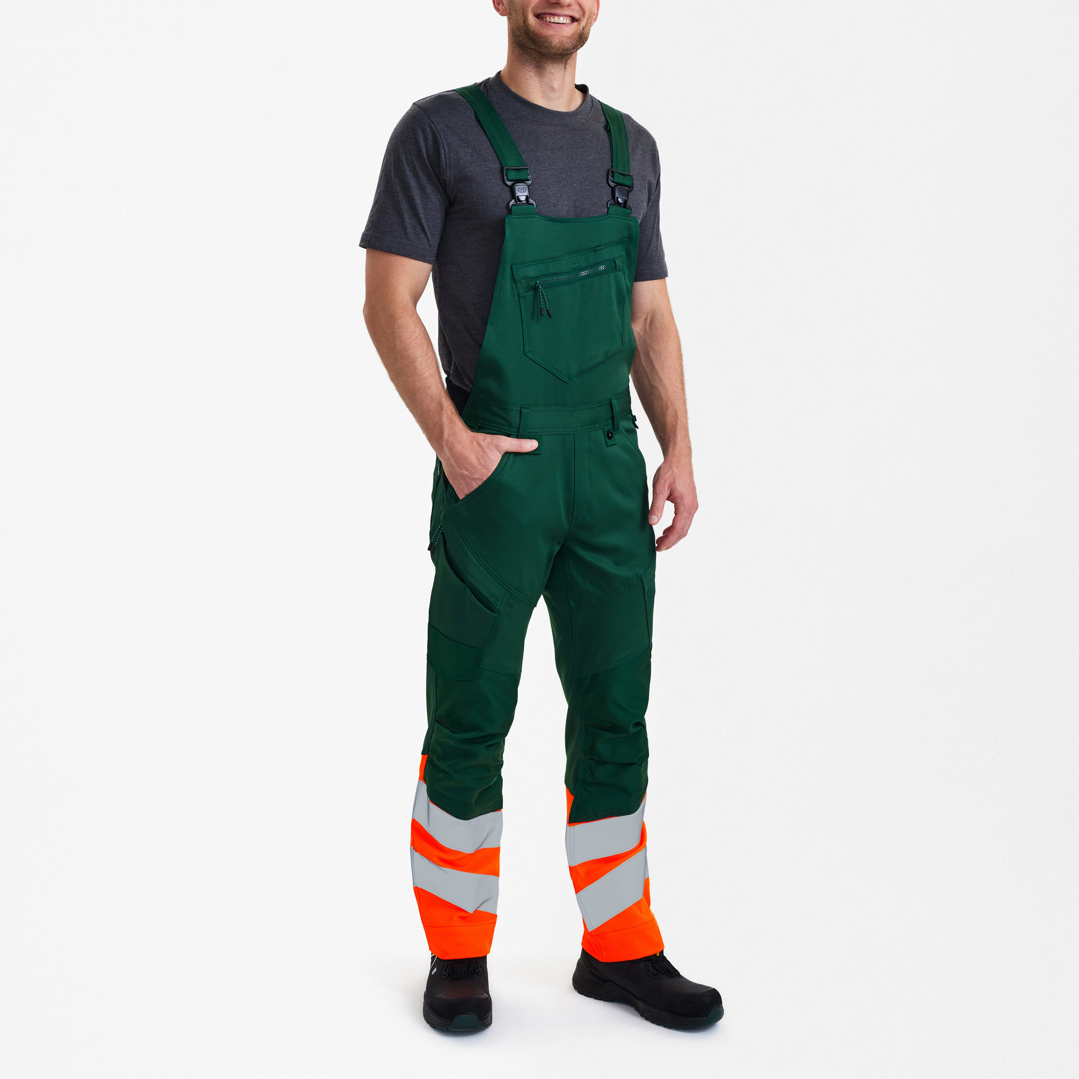 Engel Workwear Safety overall med 2-vejs stræk - Grøn/Orange [110] / K80