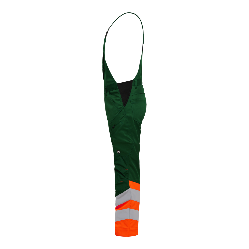 SAFETY Latzhose mit 2-Wege-Stretch – Grün / Orange (Seite links)