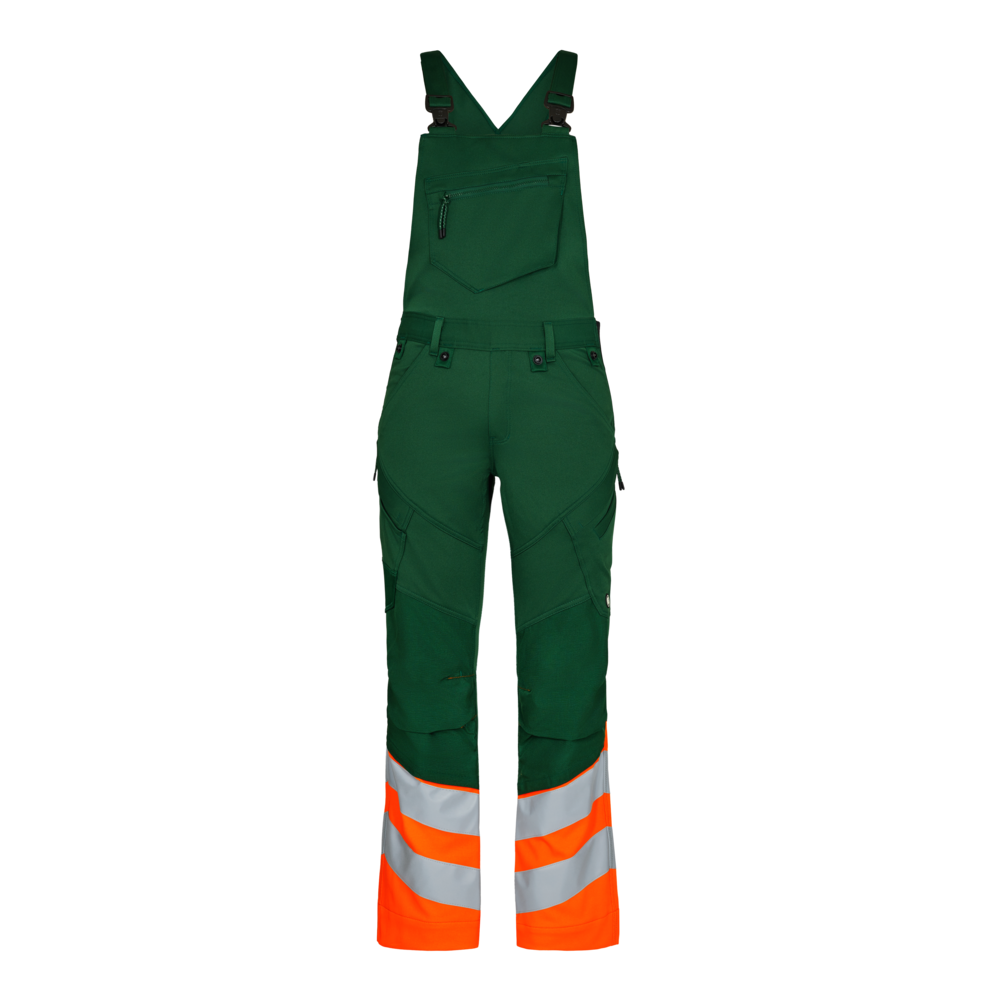 SAFETY Latzhose mit 2-Wege-Stretch – Grün / Orange (Front)